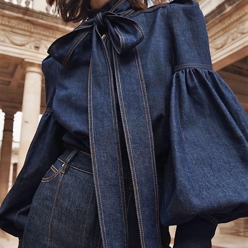 2025 Korean European Style Bow Lantern Sleeve Denim Jacket for Women Extra Large 2