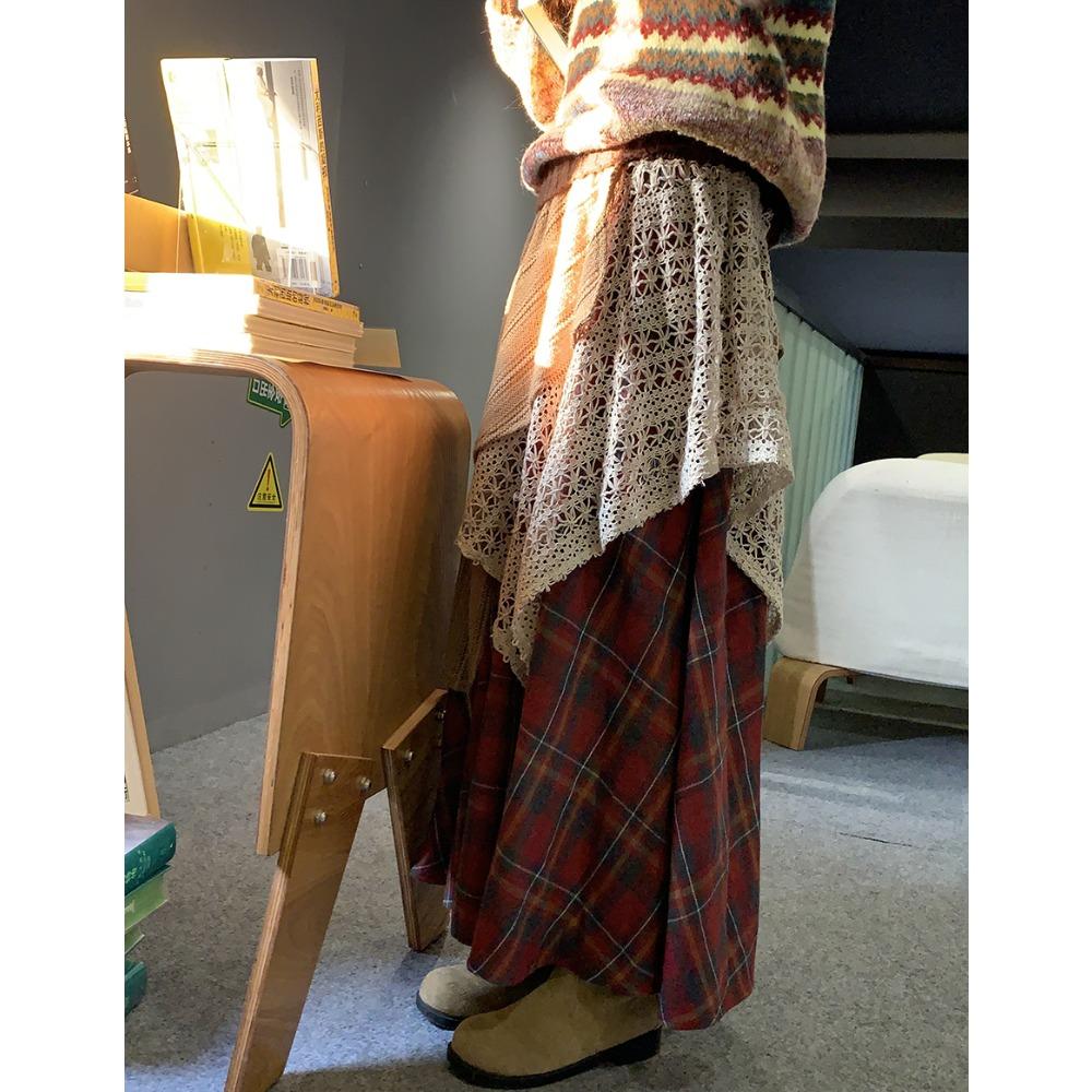 Spring Women New Skirts Plaid Loose Elastic Waist Pleated Elegant Long Skirts