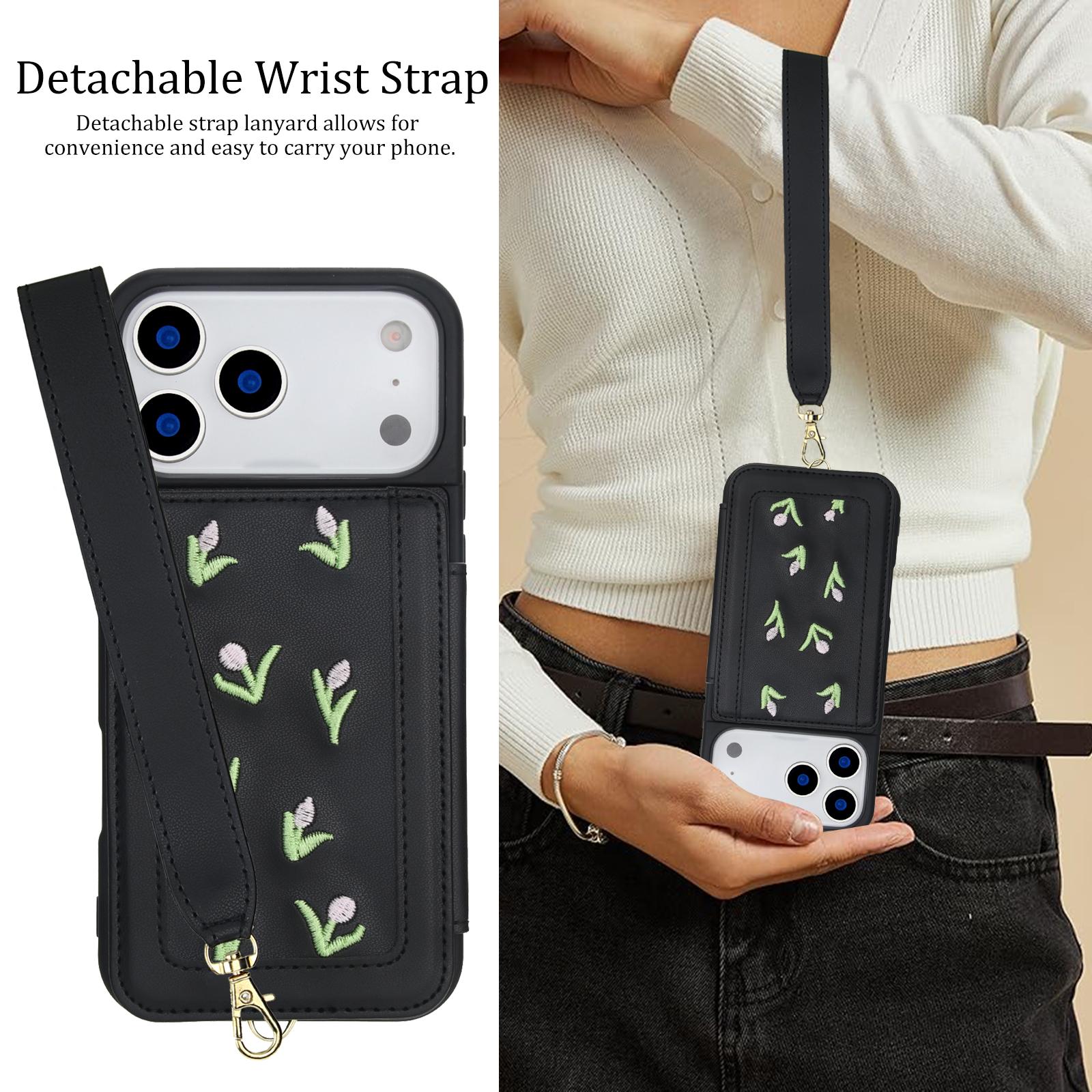 

Embroidered Leather Case for iPhone 17 Pro Max Air 16 E 15 14 Plus 13 12 11 Card Holder Magnetic Wallet Flip Cover with Lanyard iPhone Air чёрный