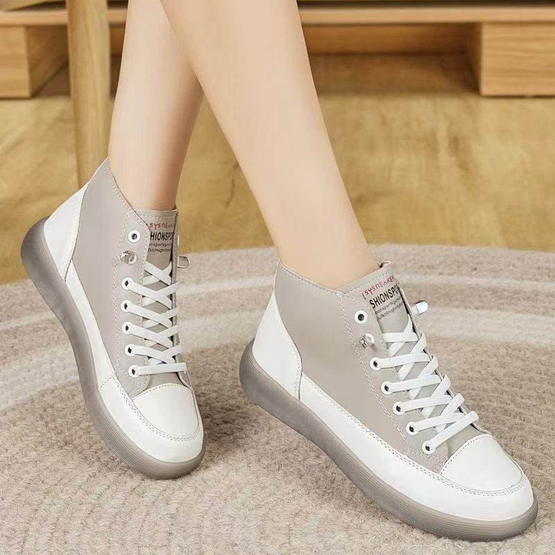 Woman's Spring Autumn New Leather High Top Casual Board shoes Flat Sole Round Toe Lightweight Non Slip Lace Up Little White Shoe