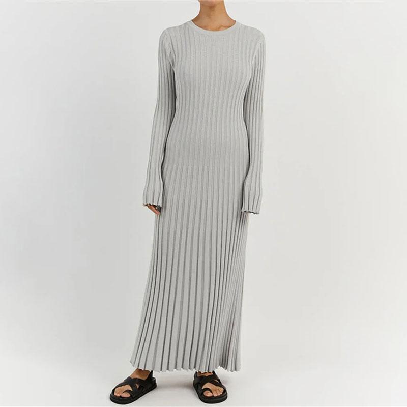 

Женское вязаное платье макси на шнуровке, осеннее модное лоскутное платье с высокой талией и длинными рукавами, свободное однотонное платье, бандажное трикотажное платье M