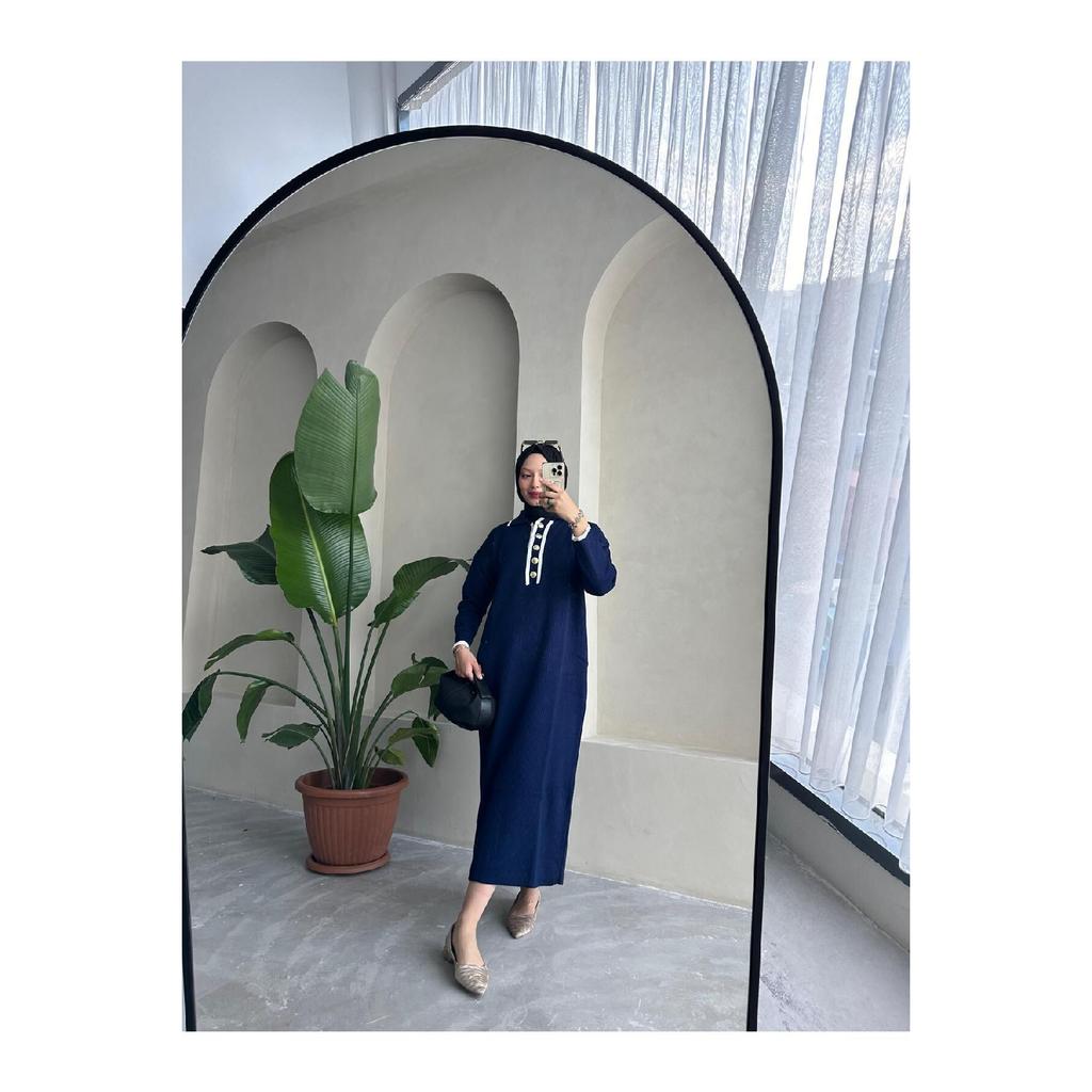 Übergroßes, geknöpftes V-Ausschnitt-Hijab-Kleid aus gerippter Strickware, geripptes langes Winterkleid in voller Länge