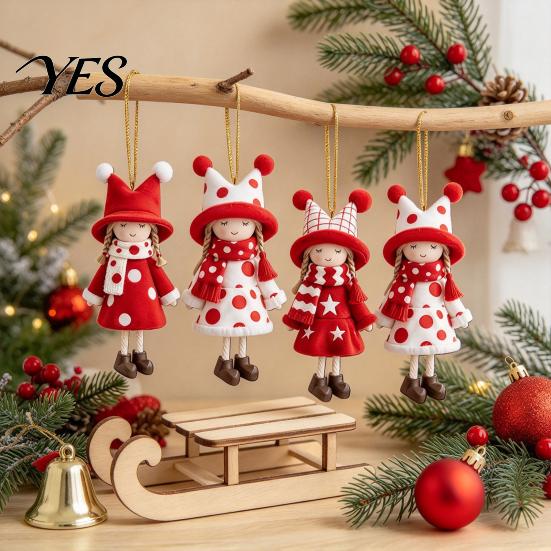 Traditional Wooden Xmas Tree Ornaments Girl Christmas Ornaments, 2D Flat Red White Hanging Rustic Holiday Figure Decoration for Tree, Mantel,