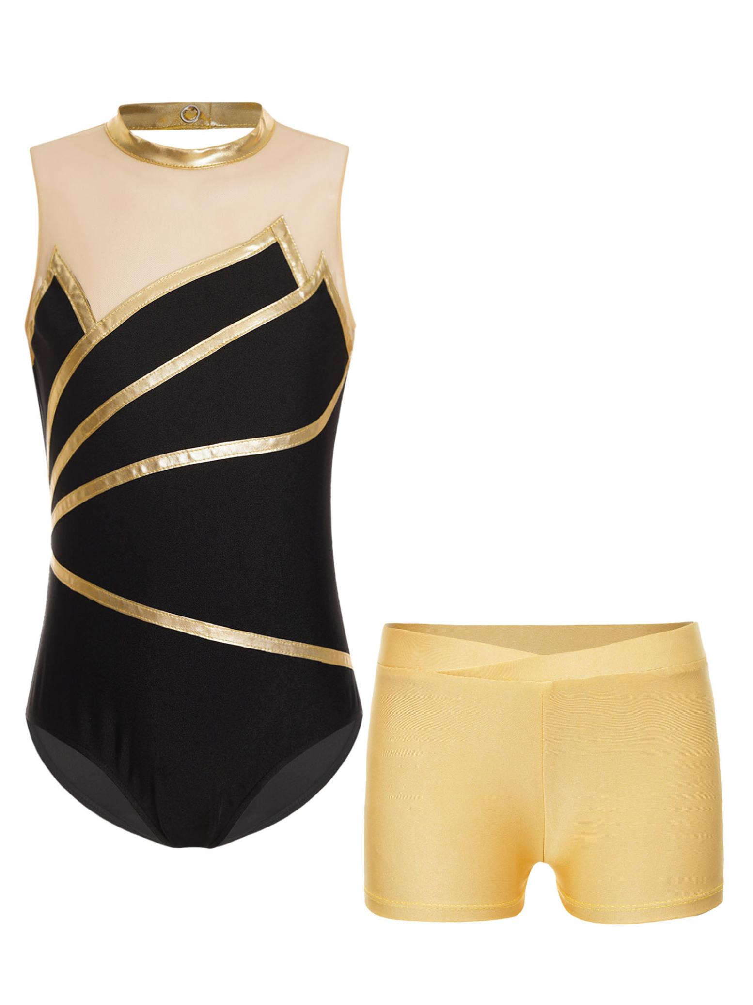 

Спортивная одежда для девочек из 2 предметов, художественная гимнастика, сценическая одежда, джазовый танцевальный костюм, детский спортивный комплект, купальник и шорты 3-4 Years золотой