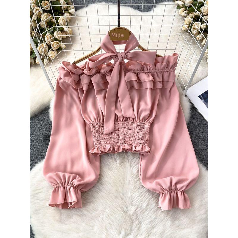 

Sexy Lantern Long Sleeve off-Shoulder off-Shoulder Pullover Pink One size