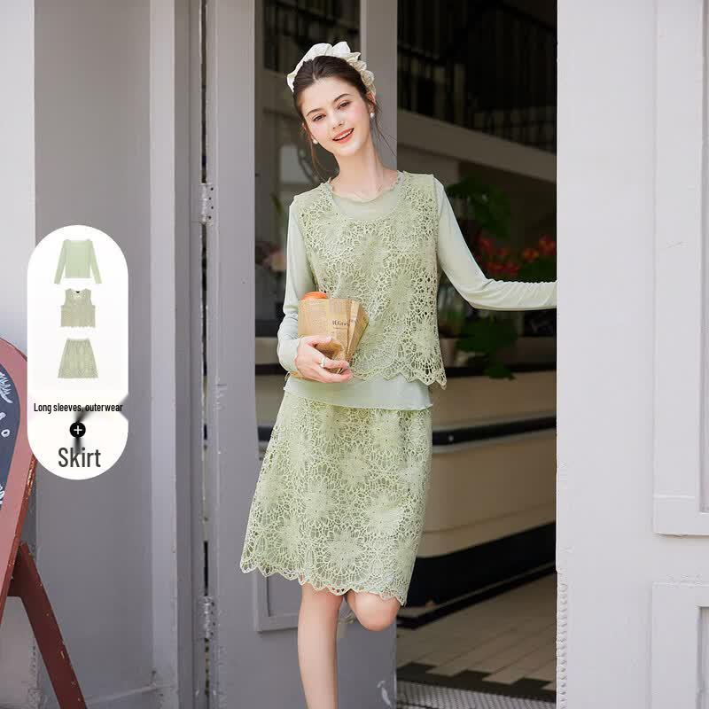 Women s 2026 Summer Lace Knit Three-Piece Set XL зелёный