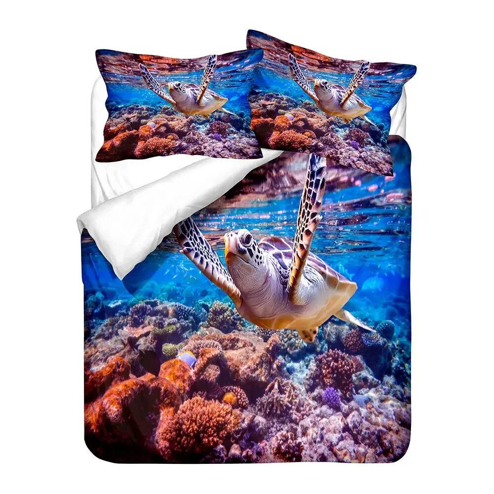 Sea Turtle Duvet Cover King Size Shark Bedding Set,Ocean Animals Bed Set,Tortoise and Coral Printed Polyester Comforter Cover