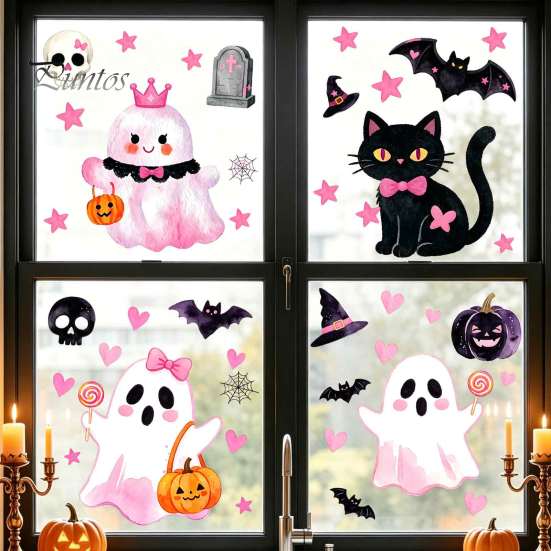 Removable Holiday Decor 2 Sheets Halloween Cartoon Ghost Window Cling, Spooky Decorative Reusable Cling Glass Sticker, Waterproof Static Decal