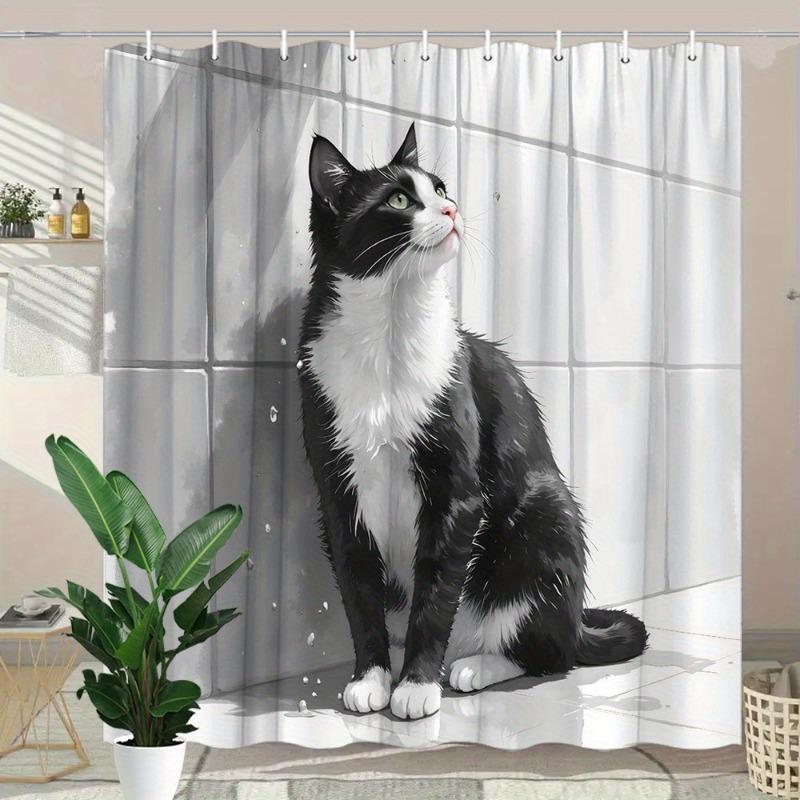 1pc black white cat shower curtain monochrome -   With Hooks Waterproof Mildew Proof Easy Install Washable