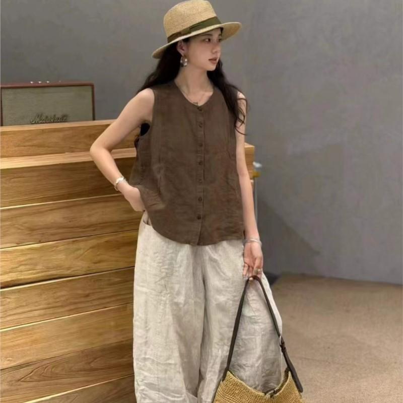 Johnature Retro Artistic Sleeveless Shirt For Women Summer Loose Casual Versatile Tops For Women