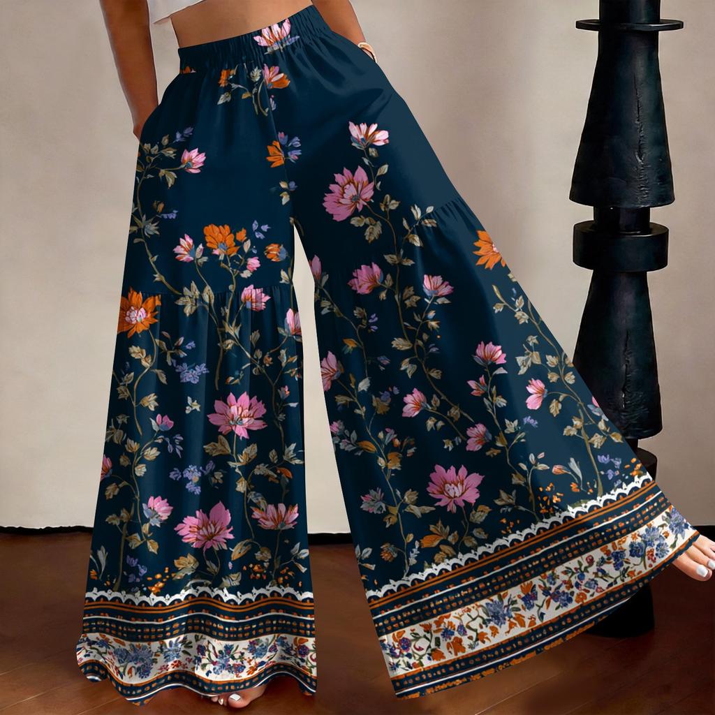 Women's High Waist Wide Leg Pants Loose Fit Lightweight Breathable Floral Print Casual Palazzo Trousers for Summer
