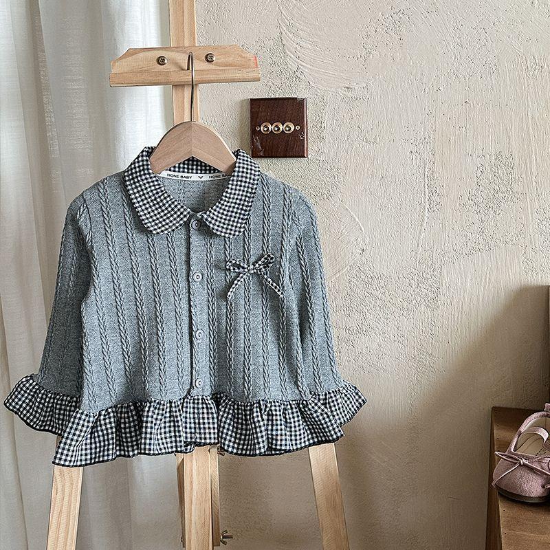 

Осенний свитер с кружевом для девочек, милый топ с кукольным воротником, вязаные рубашки для малышей и детей, детская одежда 80cm серый