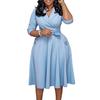 Women's Light Blue Shirt Collar Button Front A Line Midi Dress with Belt