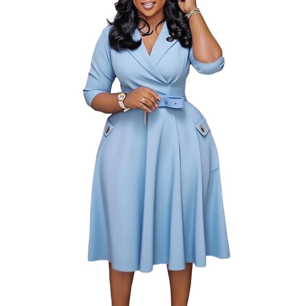 Women's Light Blue Shirt Collar Button Front A Line Midi Dress with Belt