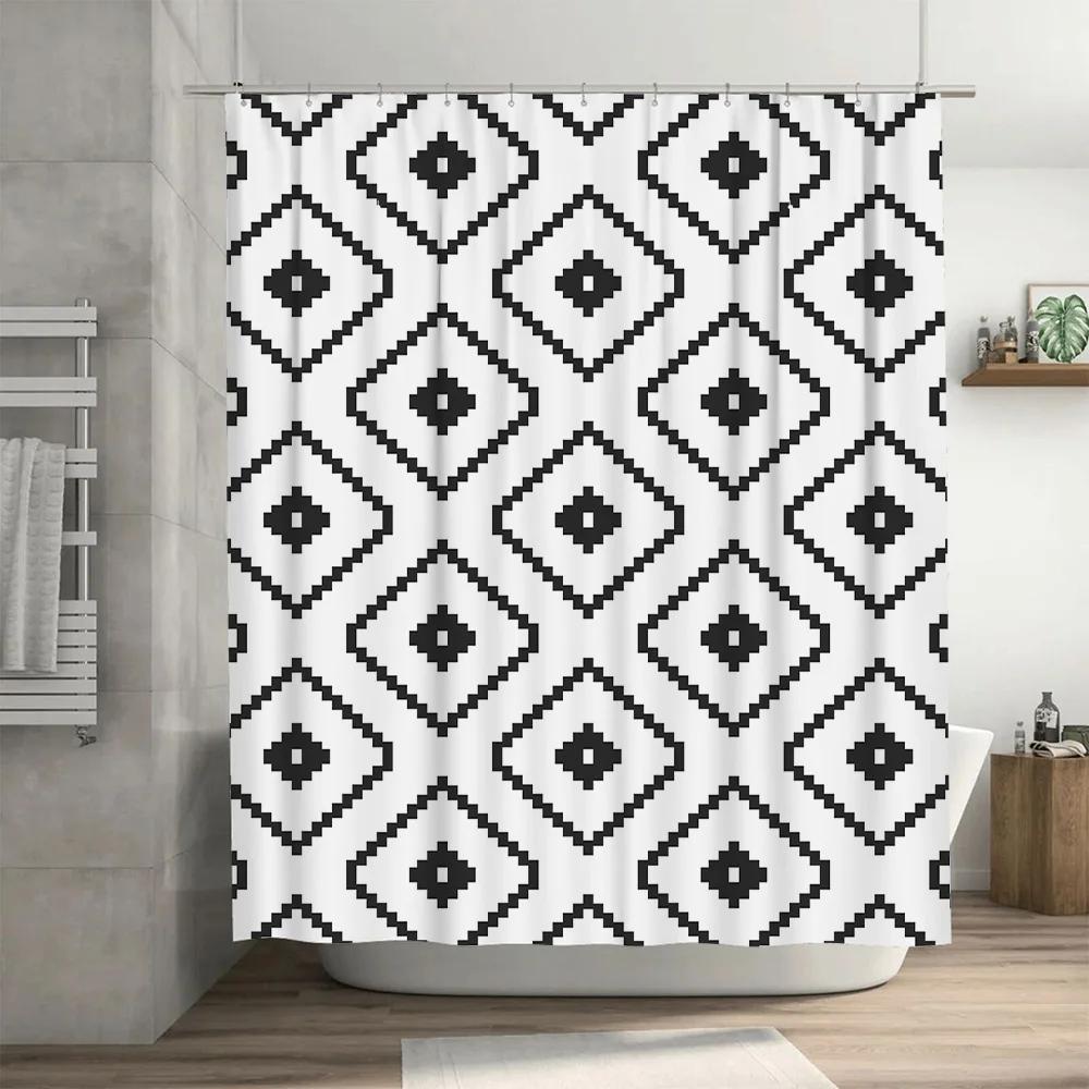 Modern Geometric Black White Shower Curtain for Bathroom Decor Extra Long Waterproof Washable Fabric 72x84 Inches (183 X 213cm)