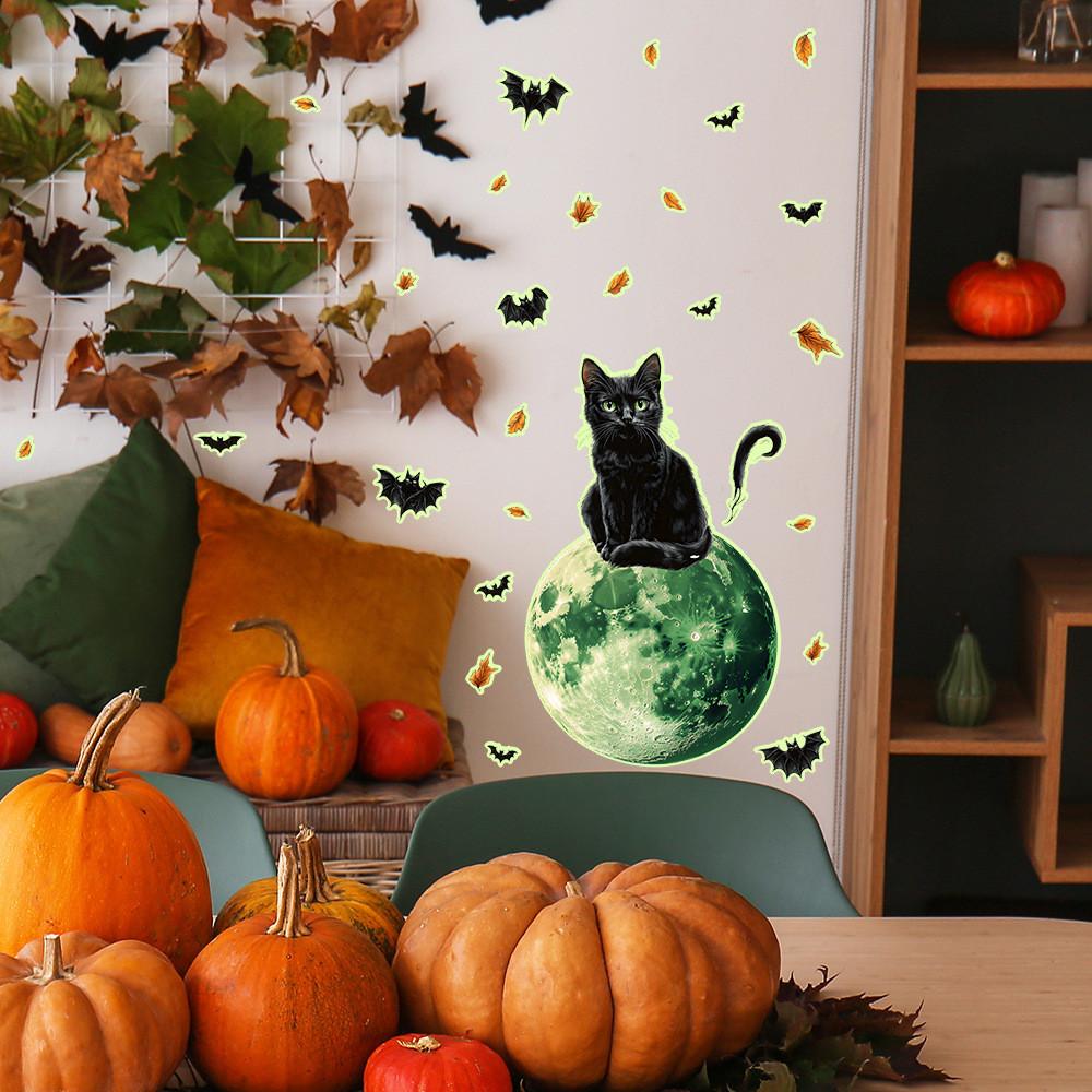 Light Green Halloween Moon Black Cat Bat Wall Decor For Bedroom Office Spaces