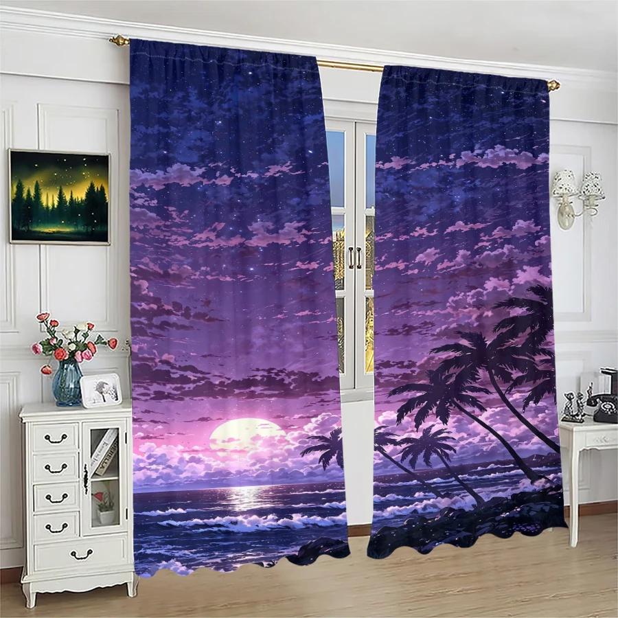 Beach Print Curtains Under Moonlight Pole Bag Christmas Decorations Daily Home Room Curtain Made Of Polyester Washable