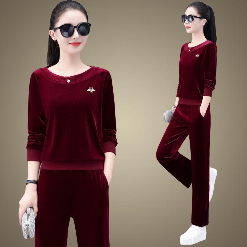 Velvet Soft Casual Sportswear Set for Women - Spring/Autumn Fashion Stylish Round-neck Large Size Two-Piece Set