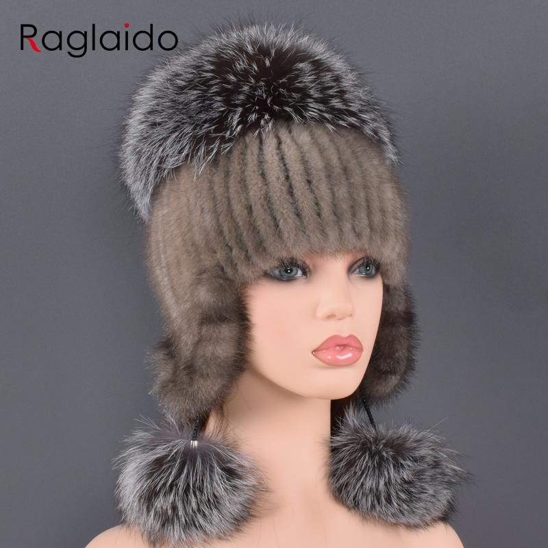 Natural Fur Hat For Women Real Mink Fur and Fox Fur Handmade Winter Female Cap Genuine Fur Lined Beanies Big Fox Fur Pompom Hats