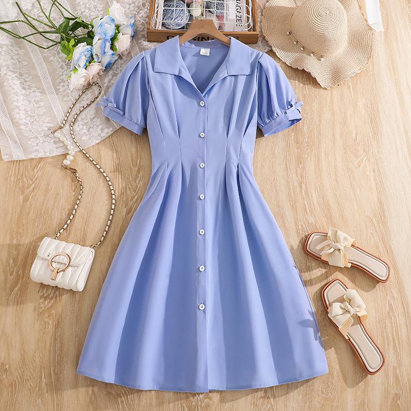 

Sweet Blue Dress for Girls Spring/Summer Children s Simple Fashion Polo-Neck Short-Sleeve Waist-Cinched Shirt Dress 170cm=12Y синій