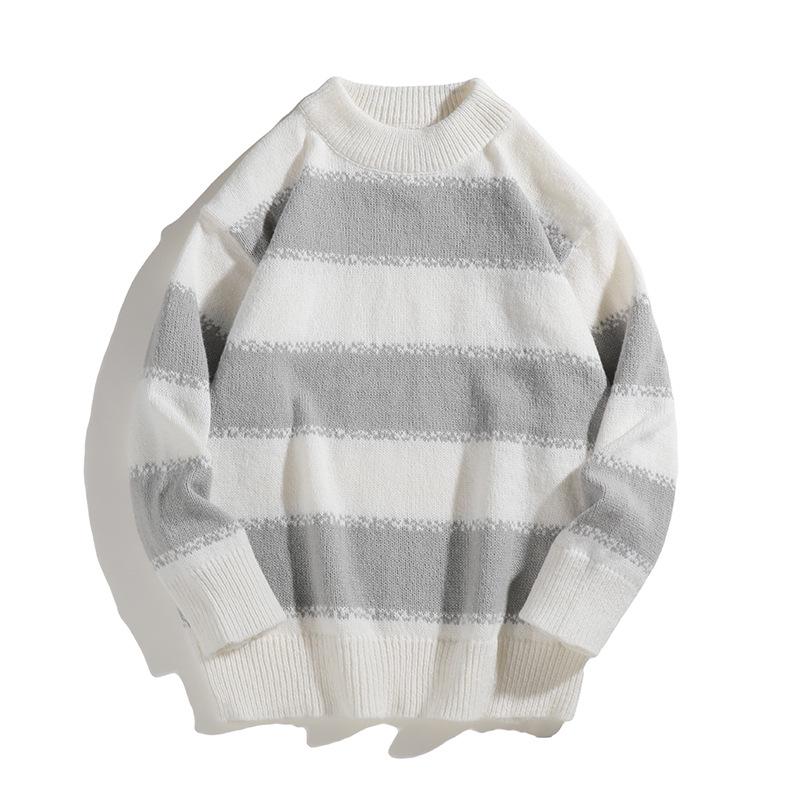 2025 Men's Japanese Casual Striped Knit Pullover - Autumn/Winter Loose Fit, Long Sleeve, Round Neck.