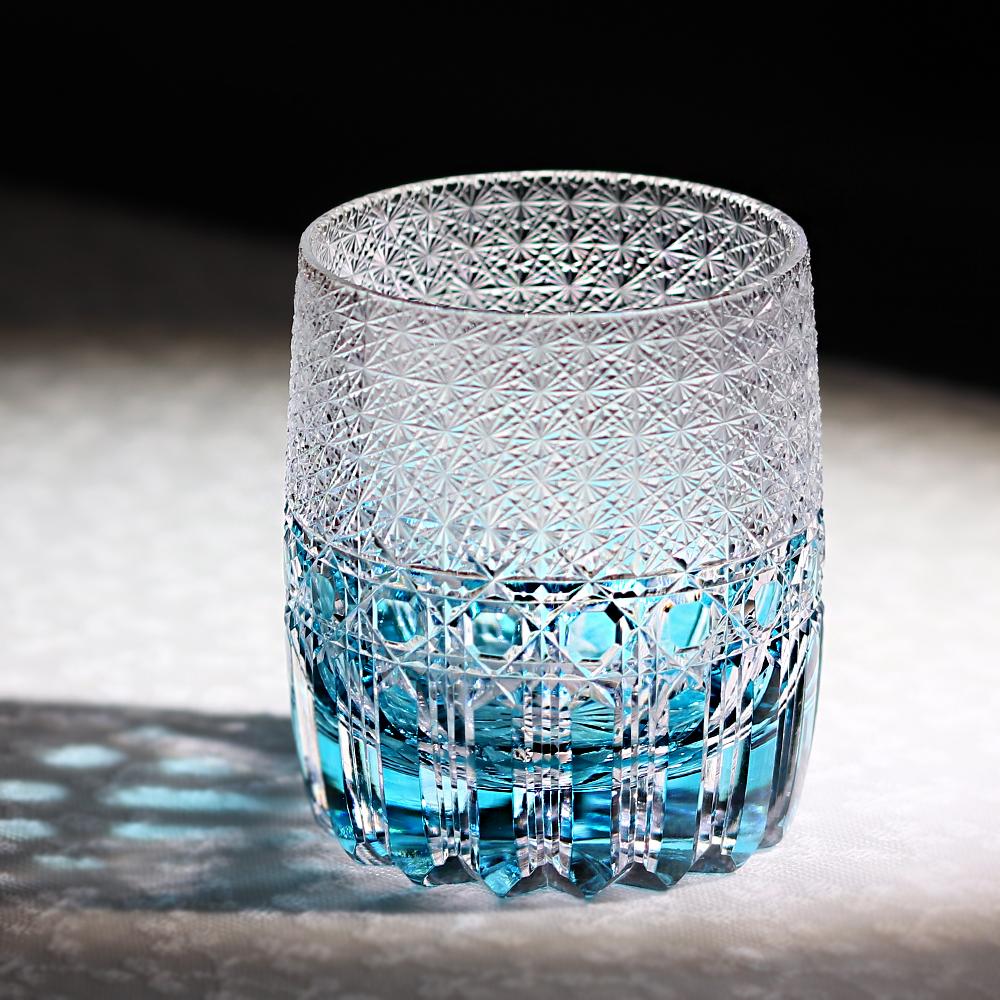 Sky Blue Hand-Carved Edo Kiriko Glass Cup 320ml New Style - Yu Lan (Jade Blue) Japanese Traditional Crystal Whiskey Glass 301-400ml