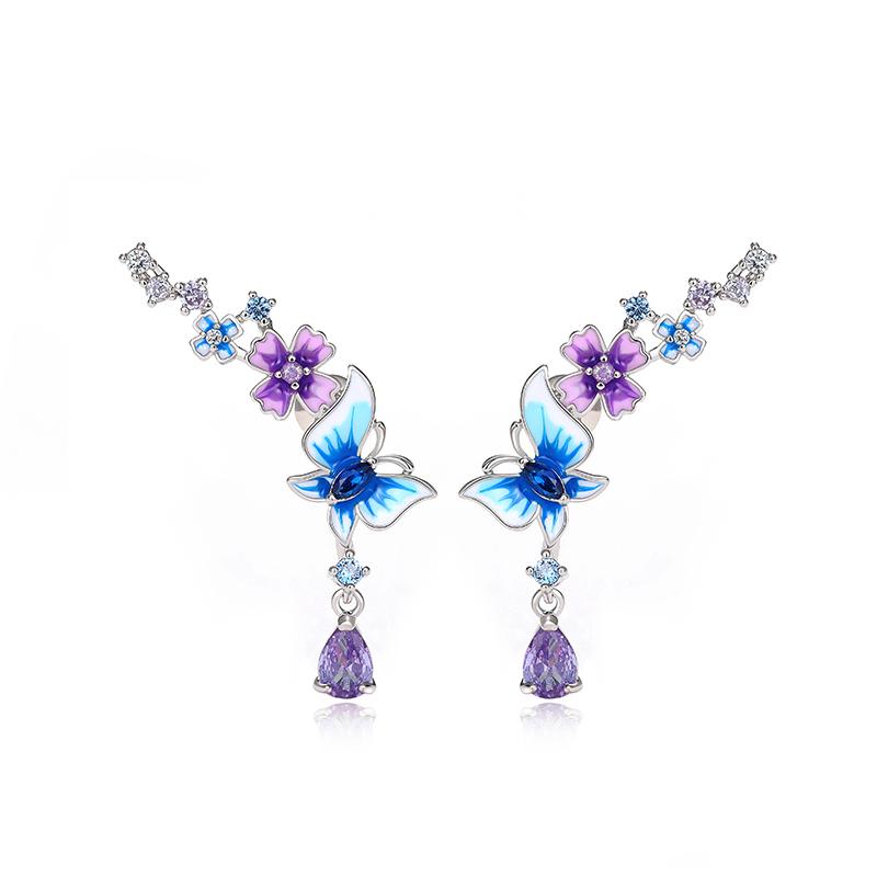 Huitan Aesthetic Flower Butterfly Pendant Earrings Lady Anniversary Party Accessories with Bright Zirconia Exquisite Zircon
