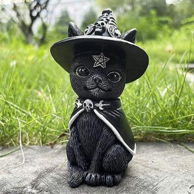 1PC Black Cat Statue Mysterious Cute Cat Witch Cat Figurine Witches Decor Desk Ornament Hand-Painted Sculpture for Halloween 1PC