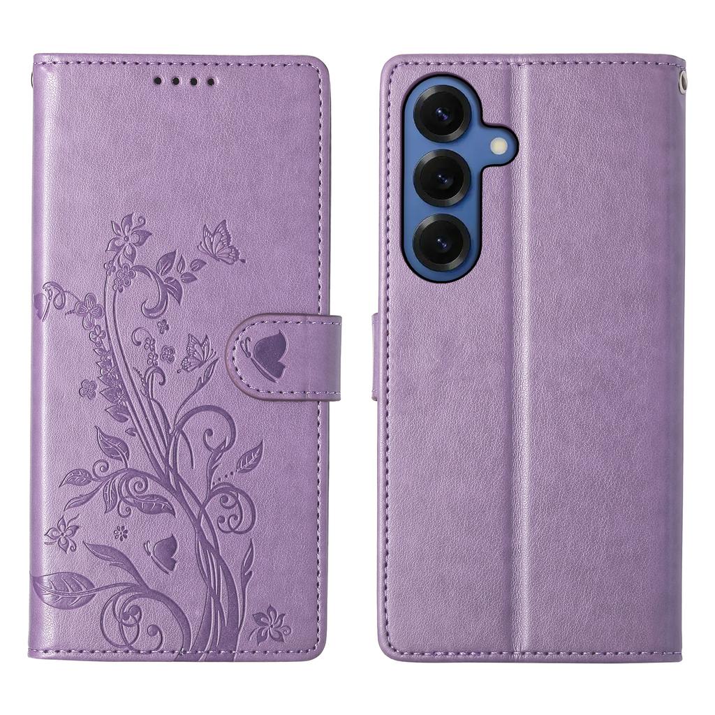 For Samsung Galaxy S26+ Wallet Case Butterfly Floral Imprint PU Leather Phone Cover with Wrist Strap