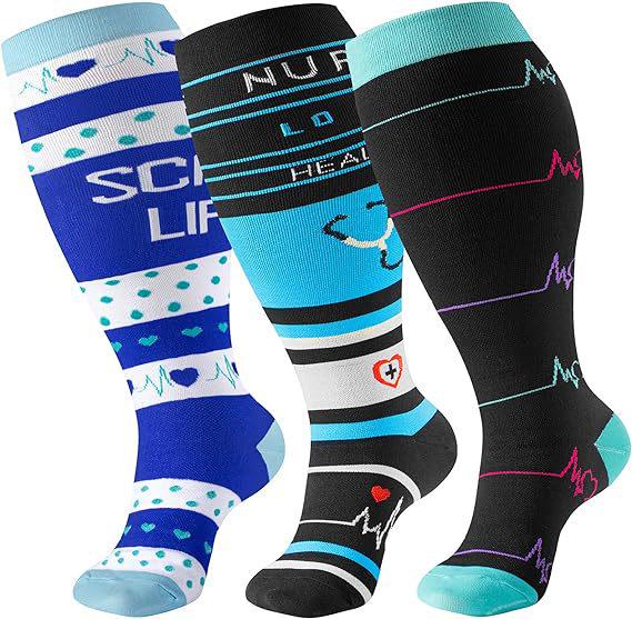 Three-Pair Pack Plus Size Knee-High Compression Socks for Wide Calf - Extra Large Support & Circulation Pressure Socks