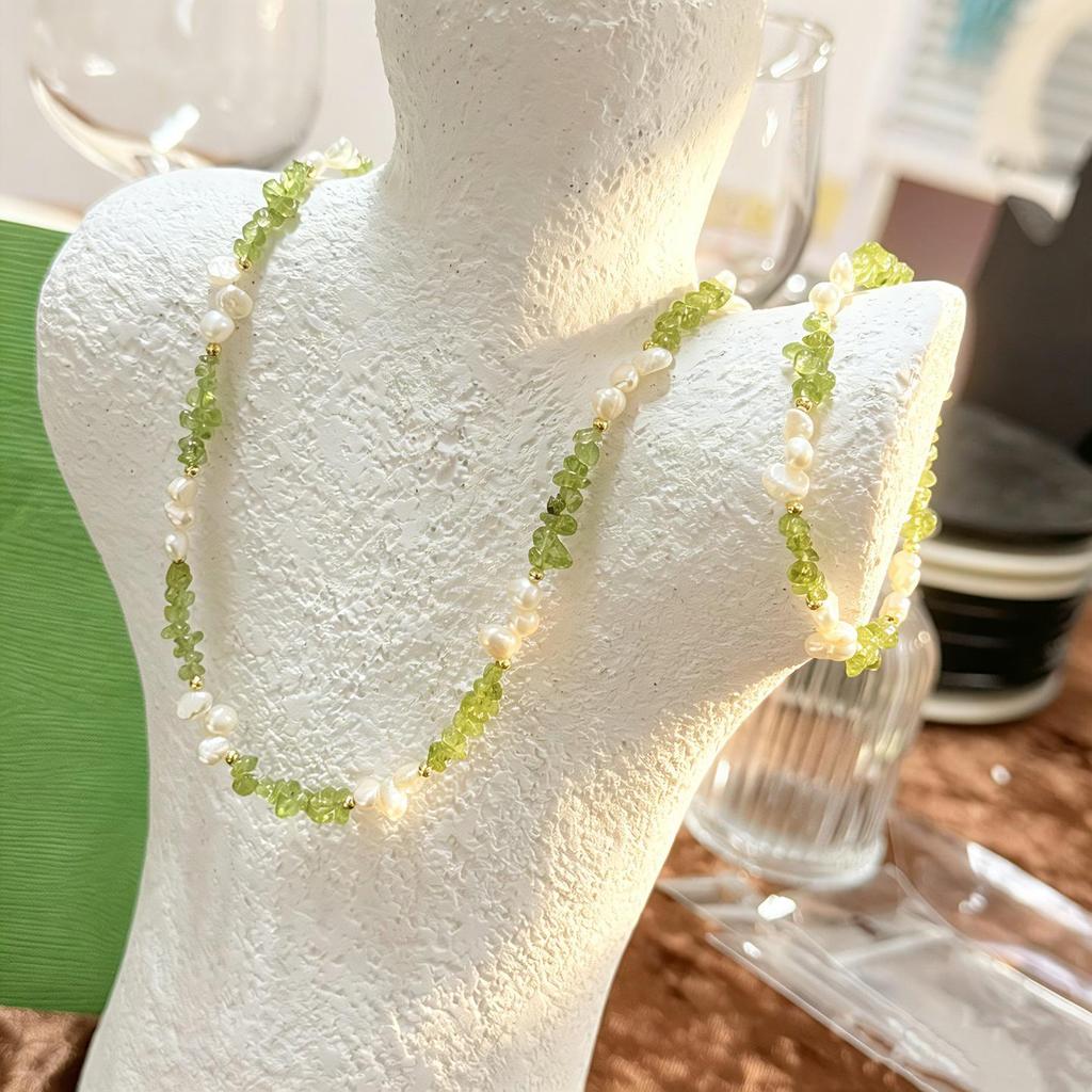 Fresh Forest Peridot Pearl Necklace & Bracelet Set - Light Green Translucent Beads