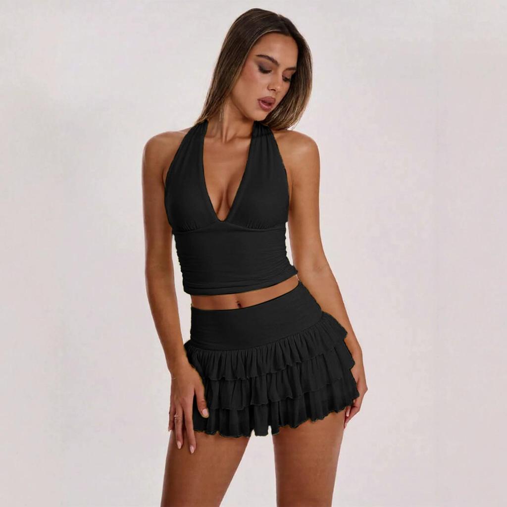Europäisches Neckholder Bodycon Rock Set: Scharfes plissiertes V-Ausschnitt-Camisole-Kleid