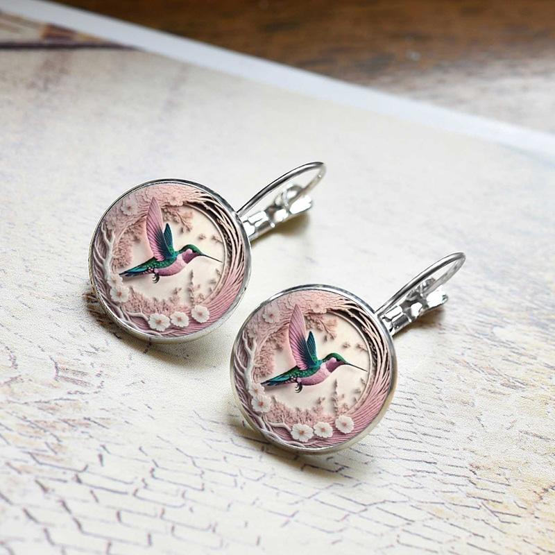 Fashion Hummingbird Glass Dome Cabochon Earrings For Women Rainforest Bird Jewelry Accessories