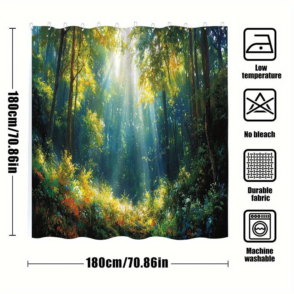 1Pc Sunlit Forest Bath Curtain - Lush Golden Woodland With Wildflowers - Dappled Light Through Canopy - Magical Nature Watercolo