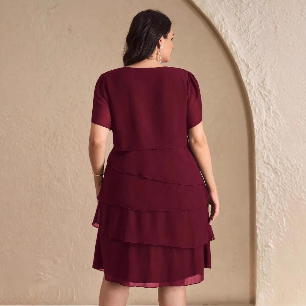 2026 Plus Size Summer Chiffon Cake Skirt Dress - Tummy Concealing, Solid Color