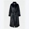 Women's extended black imitation fur coat stand-up collar belt buckle waist extra long winter coat