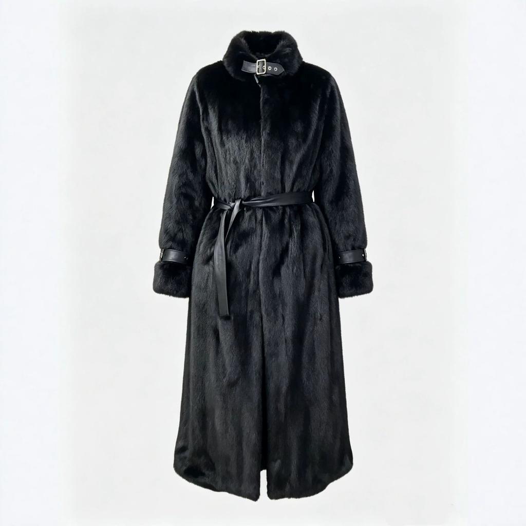 Women's extended black imitation fur coat stand-up collar belt buckle waist extra long winter coat