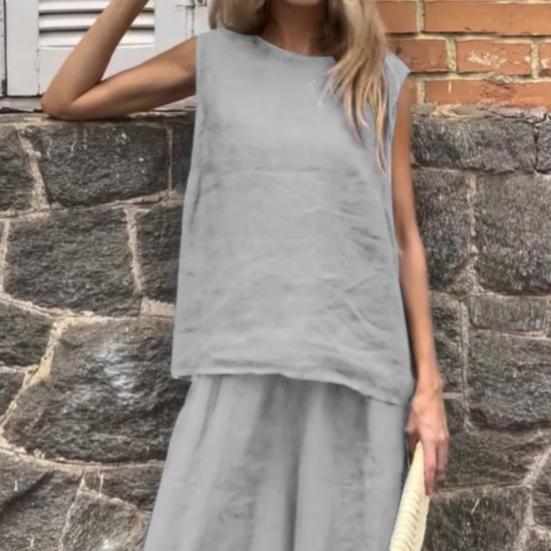 2-teiliges Sommer-Outfit für Damen, ärmelloses Tanktop und Hose mit weitem Bein, lässiges Lounge-Set aus Leinen und Baumwolle, passendes Strand-Set