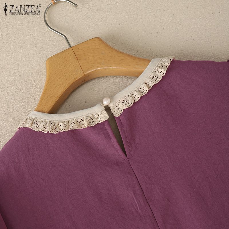 ZANZEA Damen Patchwork Rundhals Locker Sommer Lässig Kurzarm Bluse