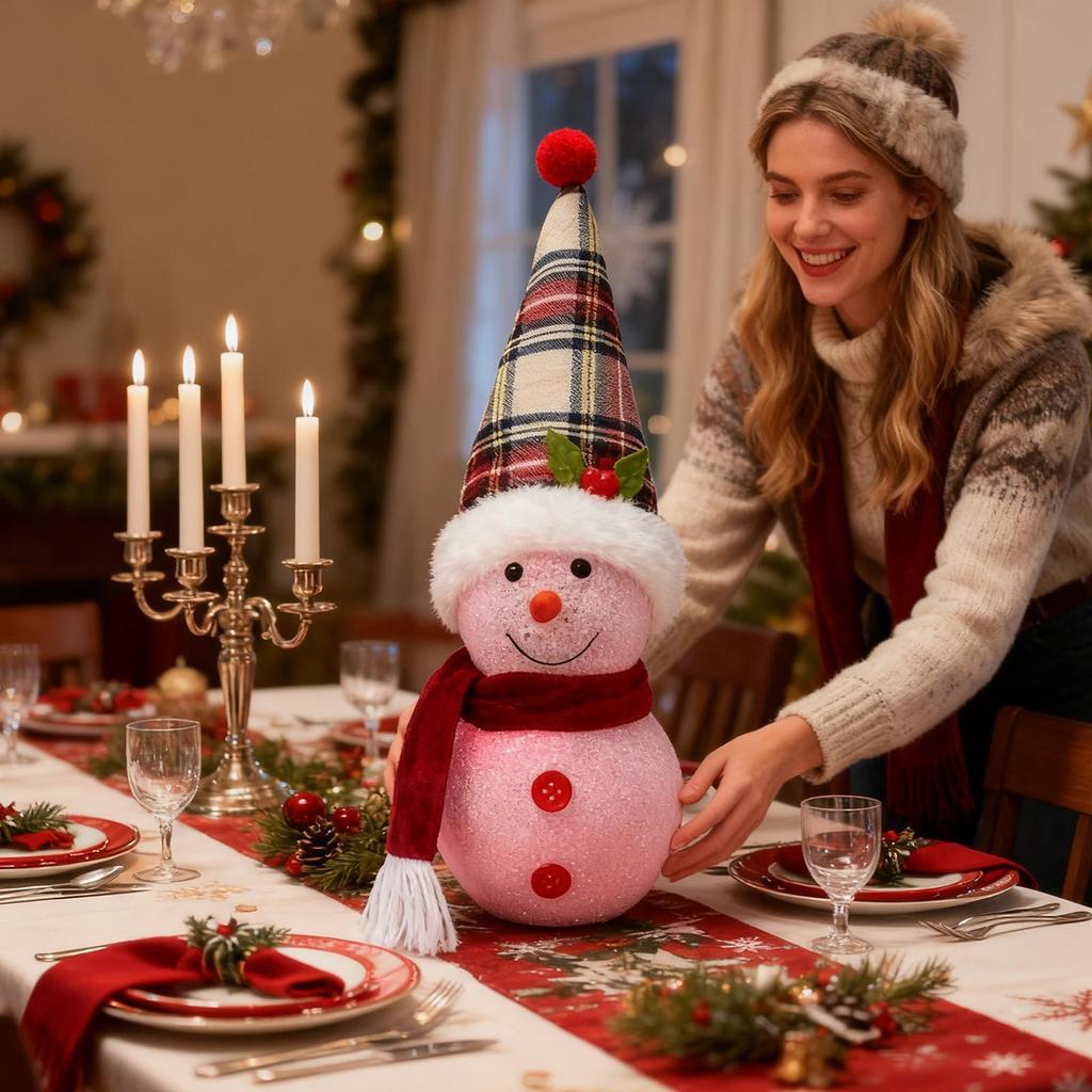 Christmas Snowman Holiday Decoration With LED Light Rustic Festive Doll For Home Office Bedroom Bookshelf Mantel Living Room