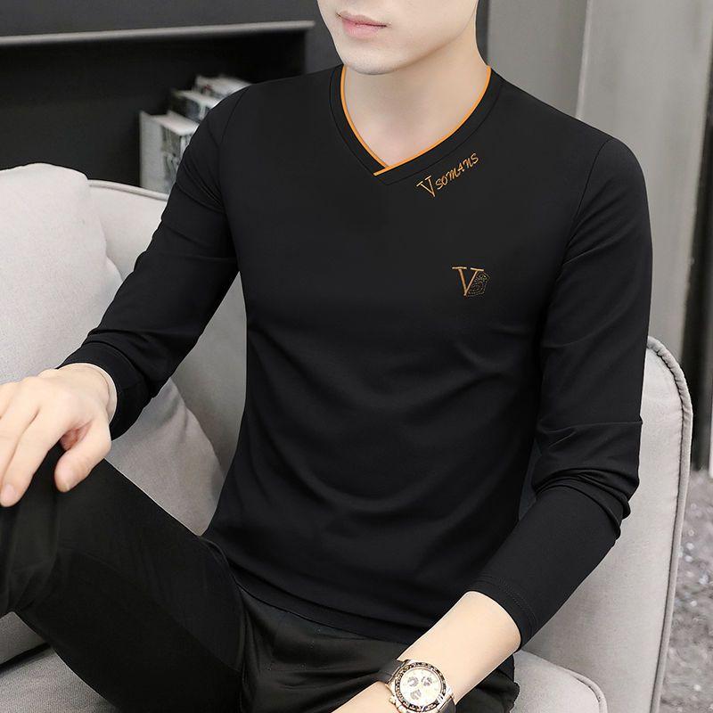 

Корейская модная элегантная осенняя футболка мужская свободная повседневная спортивная шикарная однотонная футболка Y2K хипстерская уличная повседневная верхняя мужская одежда M