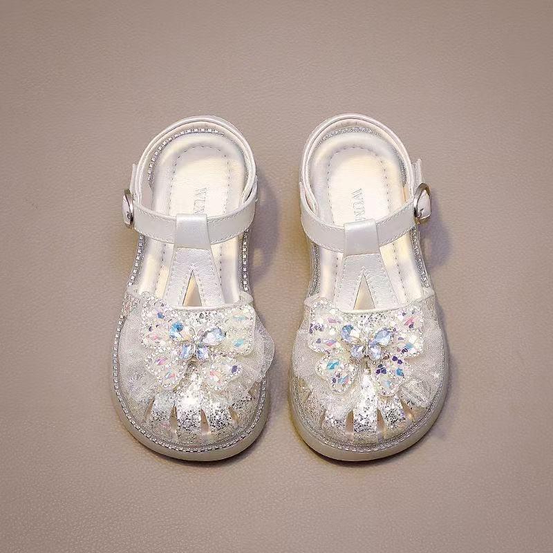Girls Shoes 2025 New Summer Little Girl Children's Sandals Soft Sole Crystal Butterfly Bag Head Sandals Princess Shoes