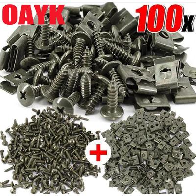 100pcs Mixed Car Motorcycles Metal Screw Tapping Fastener Clip U-Type Clip with Screw Anti-rust Protection Clip Screw Buckle Iron Sheet