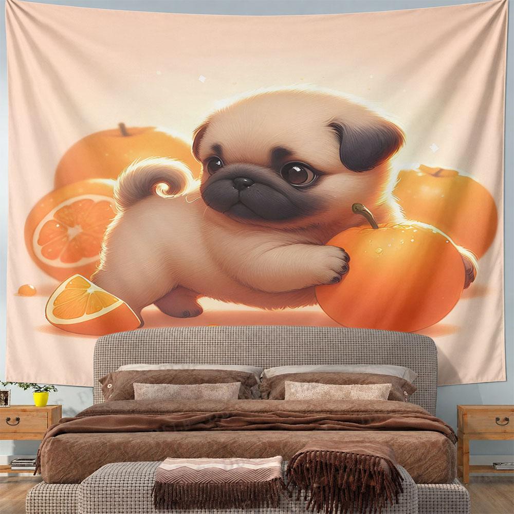 Cute Pug Puppy with Oranges Illustration Pattern Wall Hanging Tapestry Decorative Tapestry Home Decor for Bedroom and Living Room