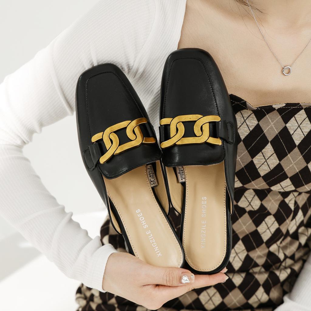 Halbschuhe aus Leder Damen ins äußere Tasche Kopf Einzelschuhe Frühling 2025 neu bequem weiche Sohle niedriger Absatz Mules