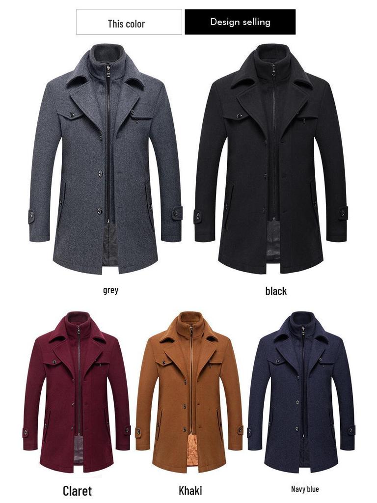 Pánský vlněný business kabát s odnímatelným dvouvrstvým límcem, podzimní/zimní zesílené bavlnou silné svrchní oblečení