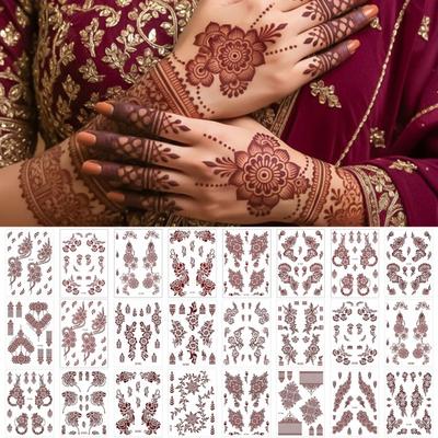 Naklejki z Tatuażami Henna, Czerwono-Brązowe Wodoodporne Koronkowe Tymczasowe Tatuaże, Indyjskie Mehndi Body Art na Dłonie Stopy, Makijaż Festiwalowy