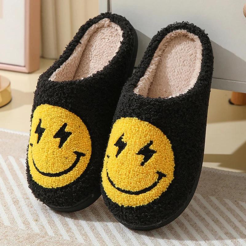 Indoor Leopard Plush Slippers Women Winter Smile Face Warm Fluffy Slippers Women Closed Toe Non-Slip Flat Heel Home Cotton Shoes