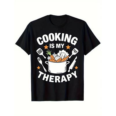Cooking Is My Therapy Graphic Tee Chef Kitchen Foodie Short Sleeve Cotton T-Shirt for Men