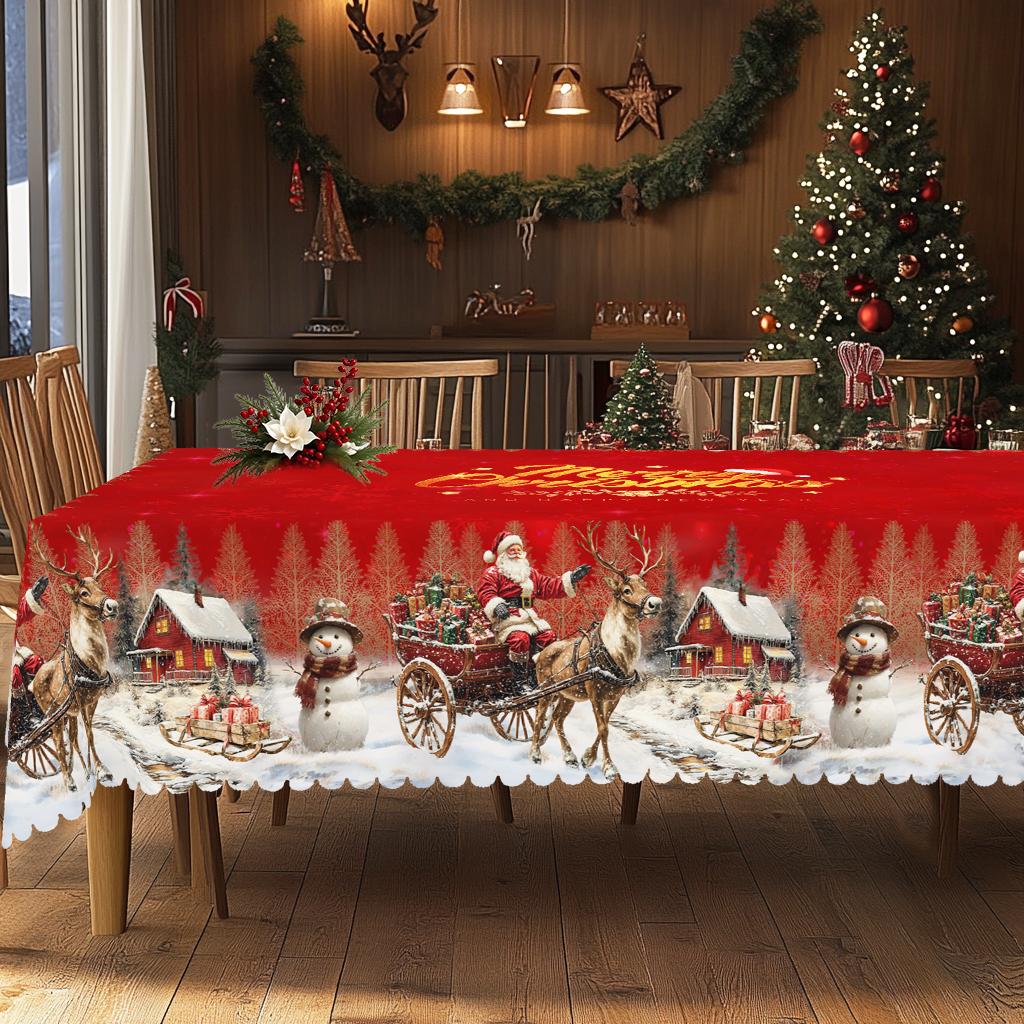 Weihnachts-Vintage-Bauernhaus-Tischdecke mit Weihnachtsmann-, Rentier- & Weihnachtsbaum-Aufdrucken. Rechteckige & runde Größen für Weihnachts-/Neujahrspartys, Küche, Innenbereich &